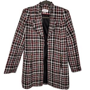 Calvin Klein Plaid Tweed Topper Jacket Womens 2 Red Black White Long Blazer Coat